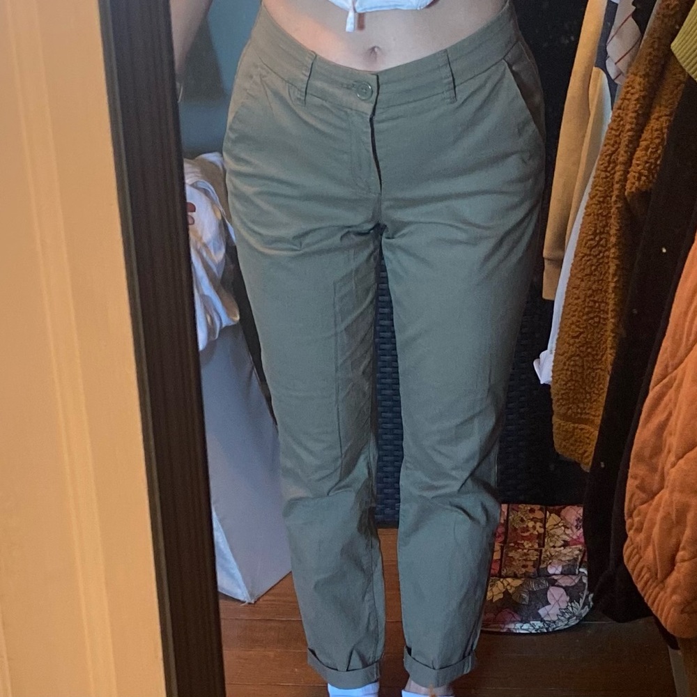 Khaki pants. Perfect length if you’re petite, I’m 5’1.